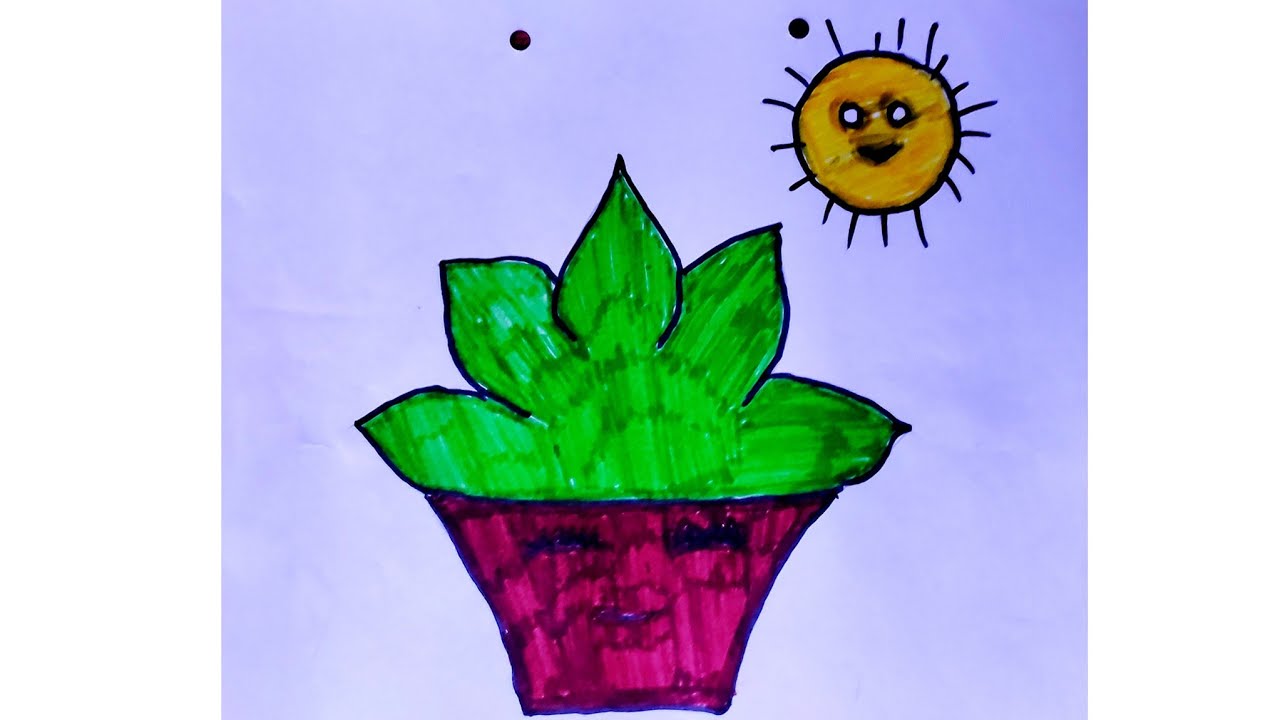 Smiling Sun and Plant Drawing Step by Step