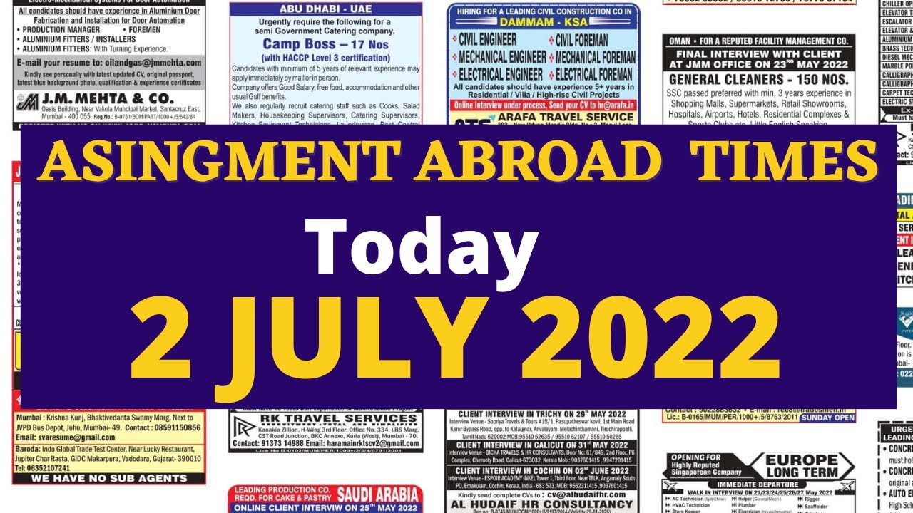 Assignment Abroad Times Today July 2, 2022, Assignment Abroad Newspaper PDF Download Free Gulf Jobs
