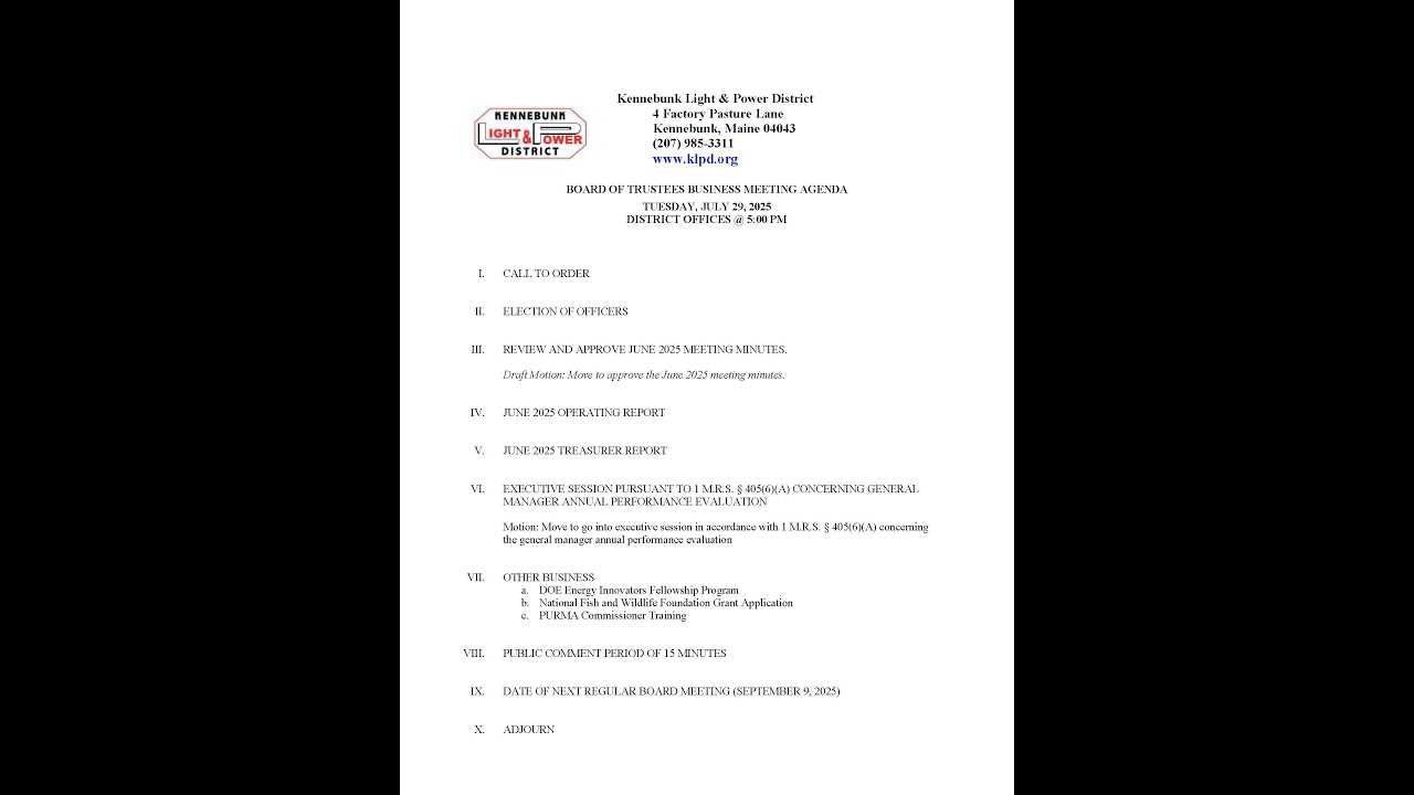 July 29 2025 Kennebunk Light and Power District Board of Trustees Meeting