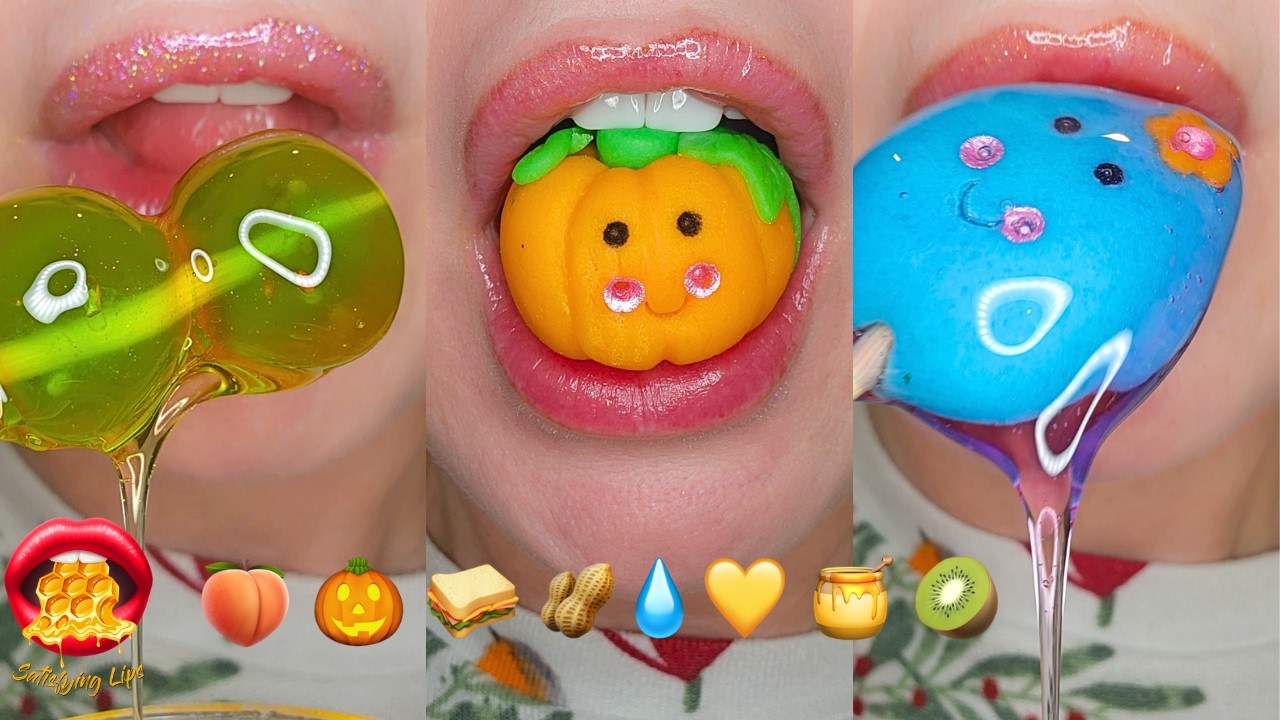 Satisfying ASMR Eating Sounds Emoji Food Challenge Peely Gummies Wax Candy