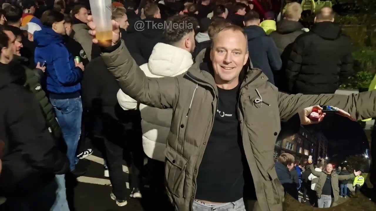 Feyenoord Ultras/ SCF Hooligans parade through Manchester before 3-3 draw against Man City