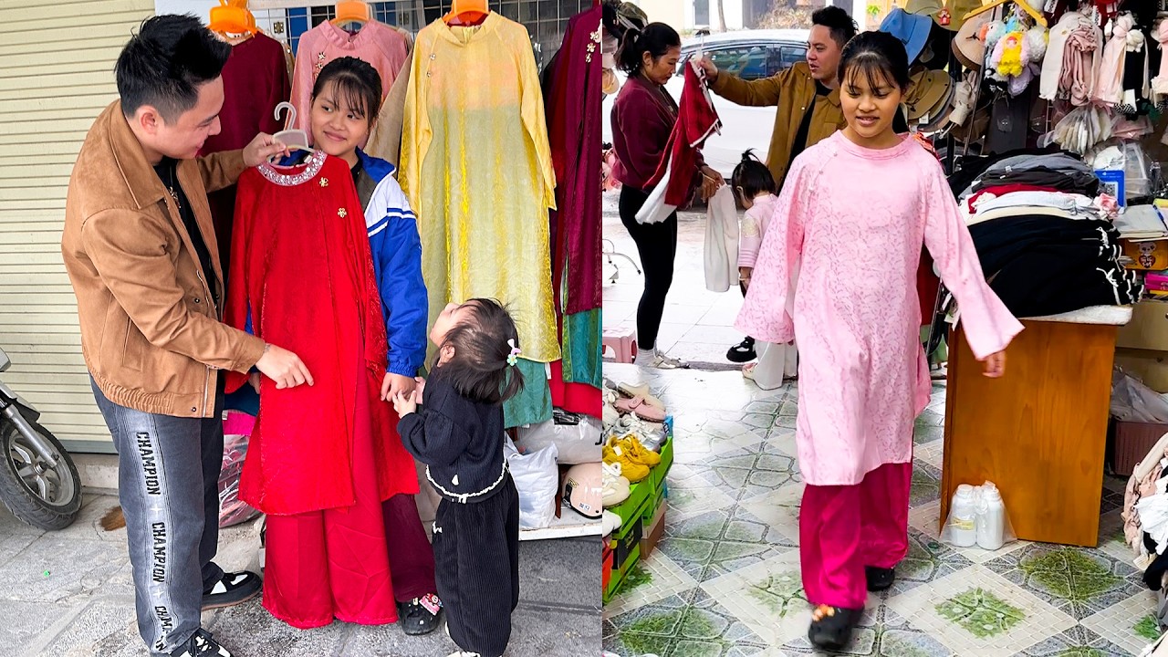 Dad took Diem and Quynh to buy traditional clothes to wear during Tet
