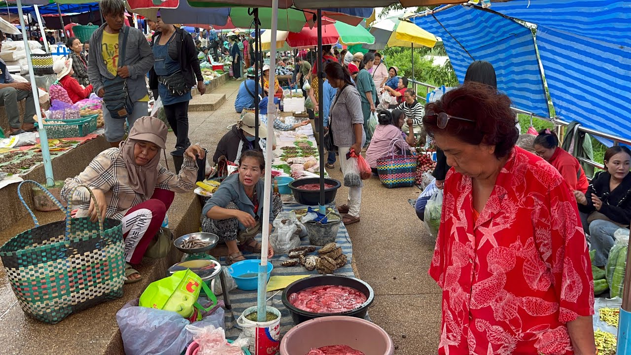ตลาดนัดไทยลาว ธาตุพนม สุดยอดบรรยากาศ คนแน่น ของป่าหลายคัก 