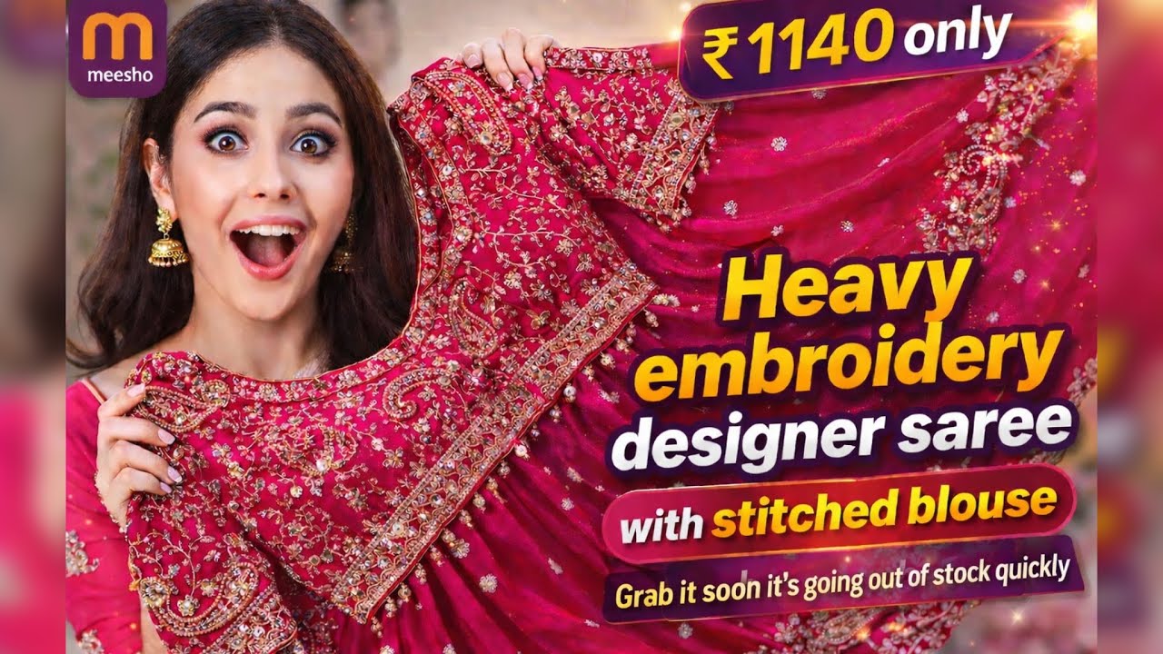 Heavy Work Stitched Blouse + Designer Saree😍 Meesho Amazing Deal |Party Wear Embroidery Saree Meesho