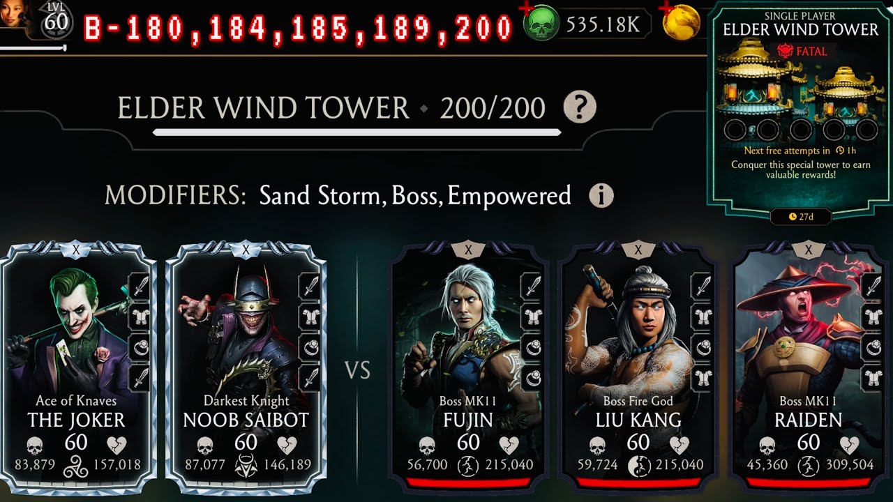 Darkest Noob Saibot Vs Fatal Elder Wind Tower 200 & 180 Fight + Rewards Mortal Kombat Mobile