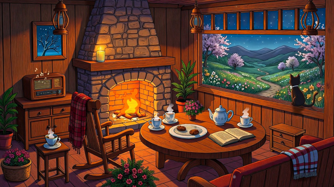 it's cozy night by the fireplace in 1940s with soft oldies playing in another room (cozy ambience)