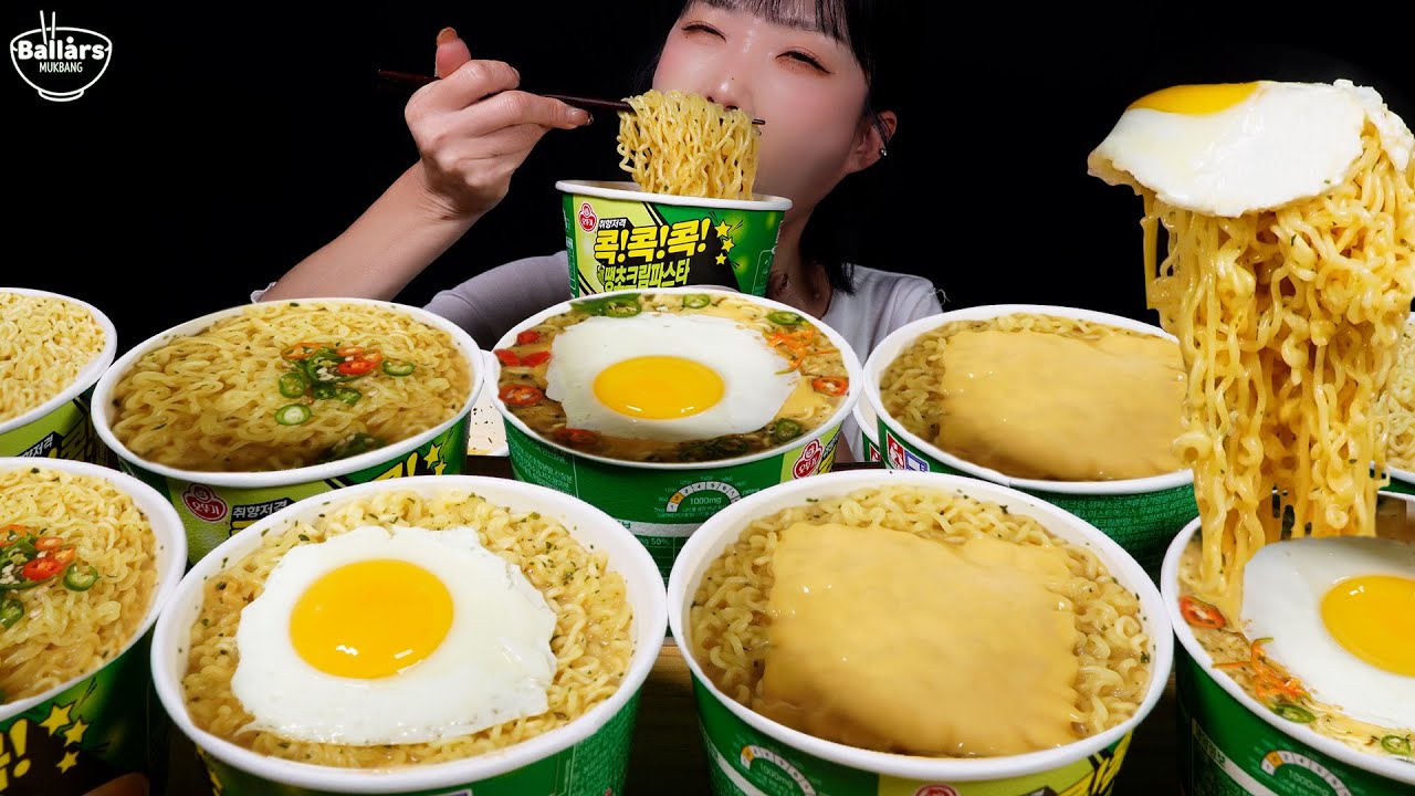 Mukbang:) Spicy Cream Ramen with 9 cup Mukbang ☆ Big Bites :: ASMR :: Eatingshow ☆