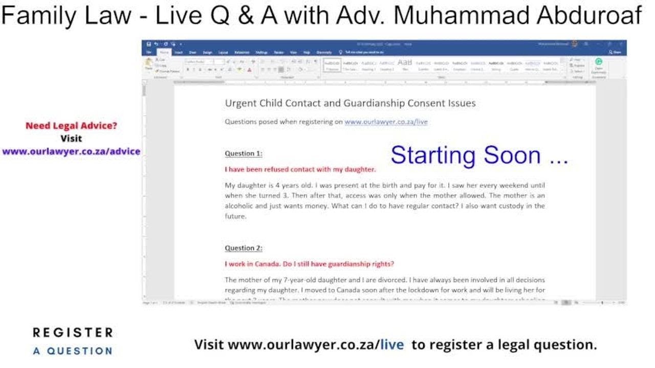 Child custody questions and Answers - Advocate Muhammad Abduroaf - www.ourlawyer.co.za