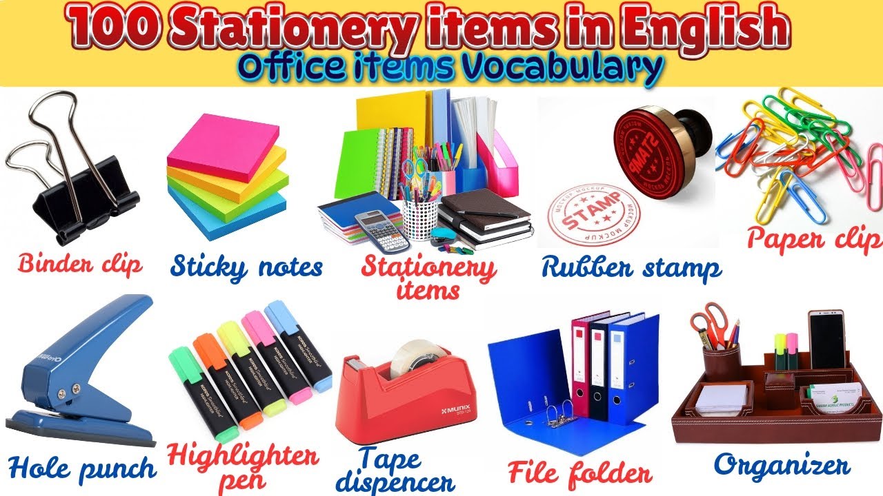 Office items Vocabulary|| 100+ Stationery items in English with pictures. List of office stationery.
