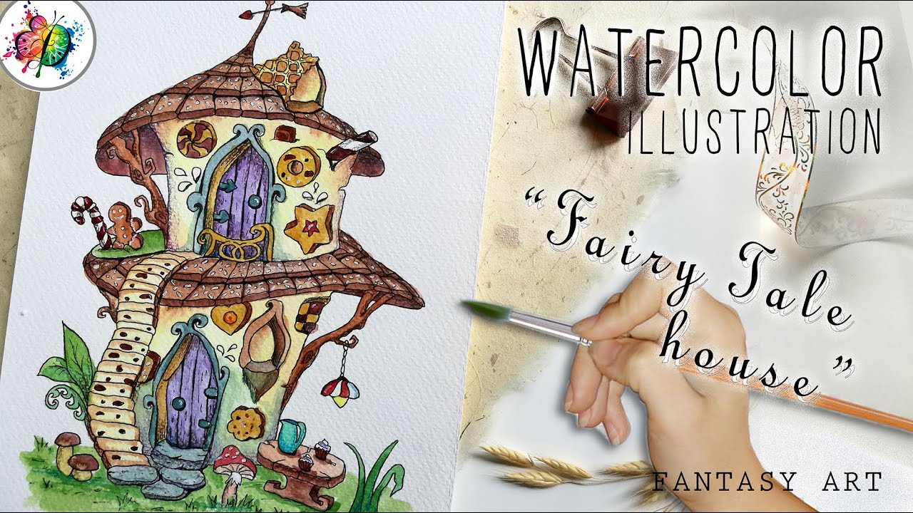 Whimsical Watercolor House Hansel and Gretel Fairytale