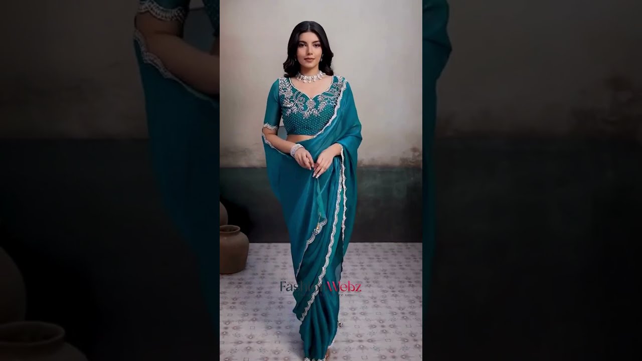 Chiffon Satin Trendy Saree In Teal With Swarovski Work For Festival