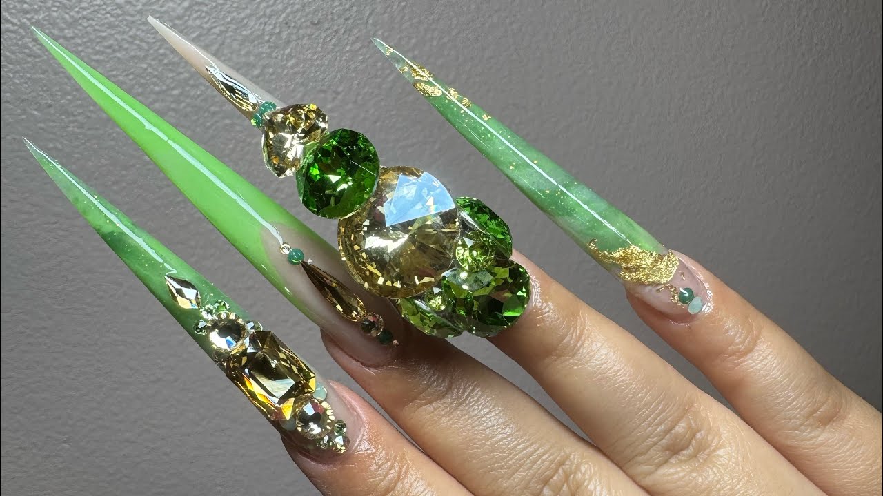 4xl Jade inspired Stiletto Nail | Super Giant Cluster #nails