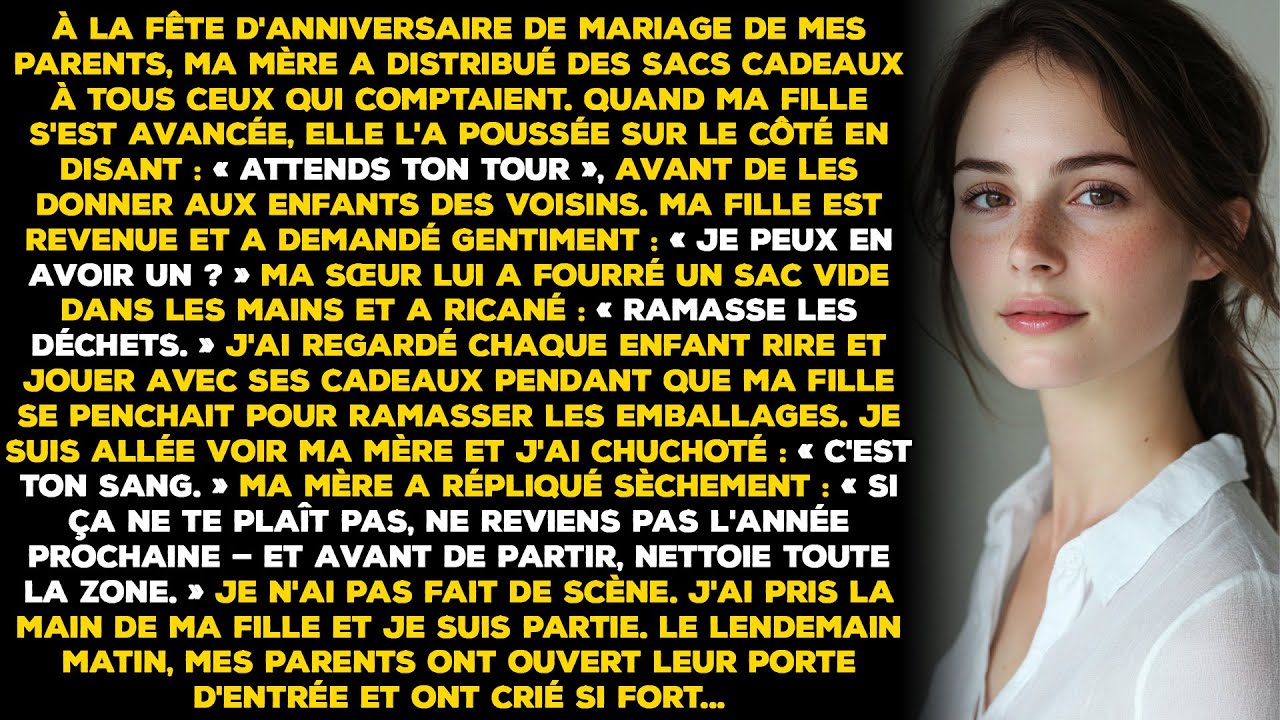 À la fête d'anniversaire de mariage de mes parents, ma mère a distribué des sacs cadeaux à tous ceux