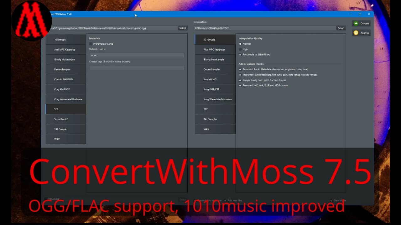 ConvertWithMoss 7.5 - Supports now OGG and FLAC with SFZ - improved 1010music conversion