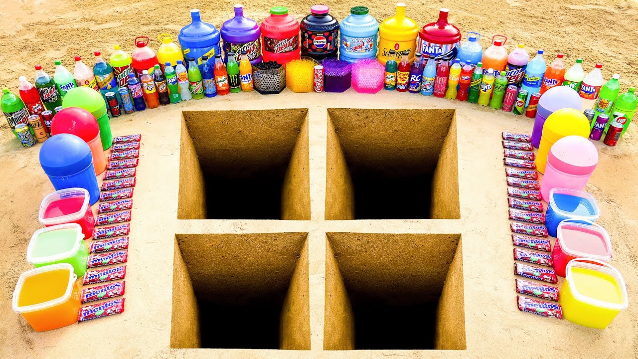 Experiment: Giant Fanta, Pepsi, Mtn Dew, Coca Cola, Balloons Soda vs Mentos in Square Pit