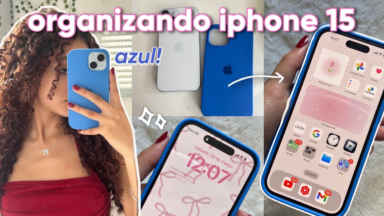 organizando meu novo celular: iphone 15 azul 128gb + tour🩵📱