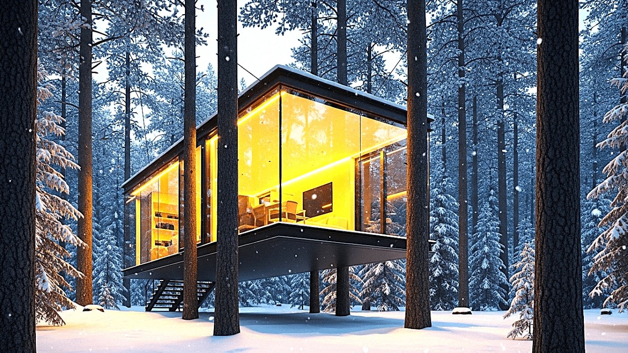 Building a Modern Glass Cabin in the Snow [ASMR] - Alone forest tiny house build from scratch