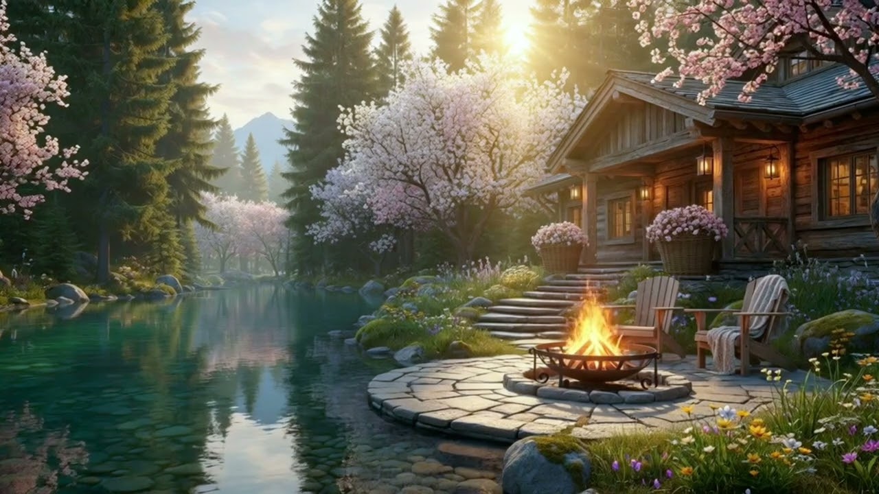 Peaceful Riverside Spring Cabin Campfire 🌲🔥 Soft Piano, River & Blossom Ambience