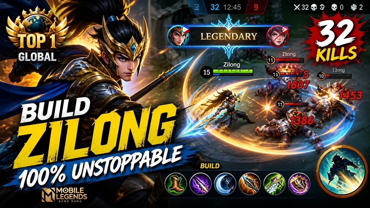 Build Top 1Global Zilong 100% Unstoppable //MLBB// 32 Kills