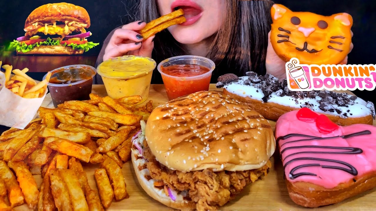 ASMR CHICKEN BURGER/SANDWICH + FRIES + DUNKIN DONUTS MUKBANG (No Talking) EATING FAST FOOD