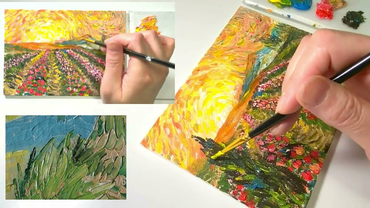 Sunrise Tulip Field in Van Gogh's World/ Impressionism/Easy Acrylic Painting Tutorial Beginners #230