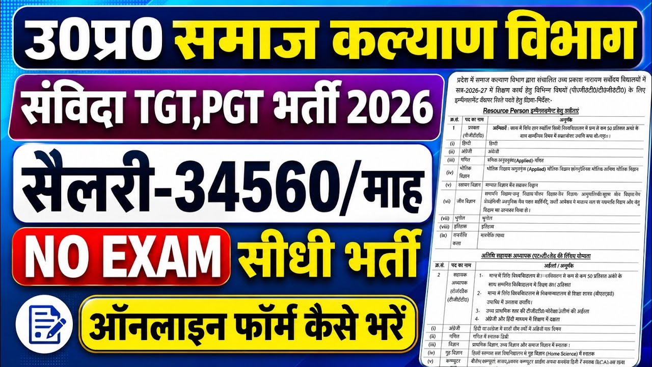 UP संविदा शिक्षक नई भर्ती शुरू🔥 | NO EXAM | Samaj kalyan vibhag teacher vacancy 2026 | samvida jobs