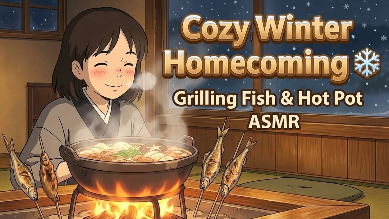Cozy Winter Homecoming ❄️ Grilling Fish & Hot Pot ASMR | Ghibli-Style Relaxing Animation