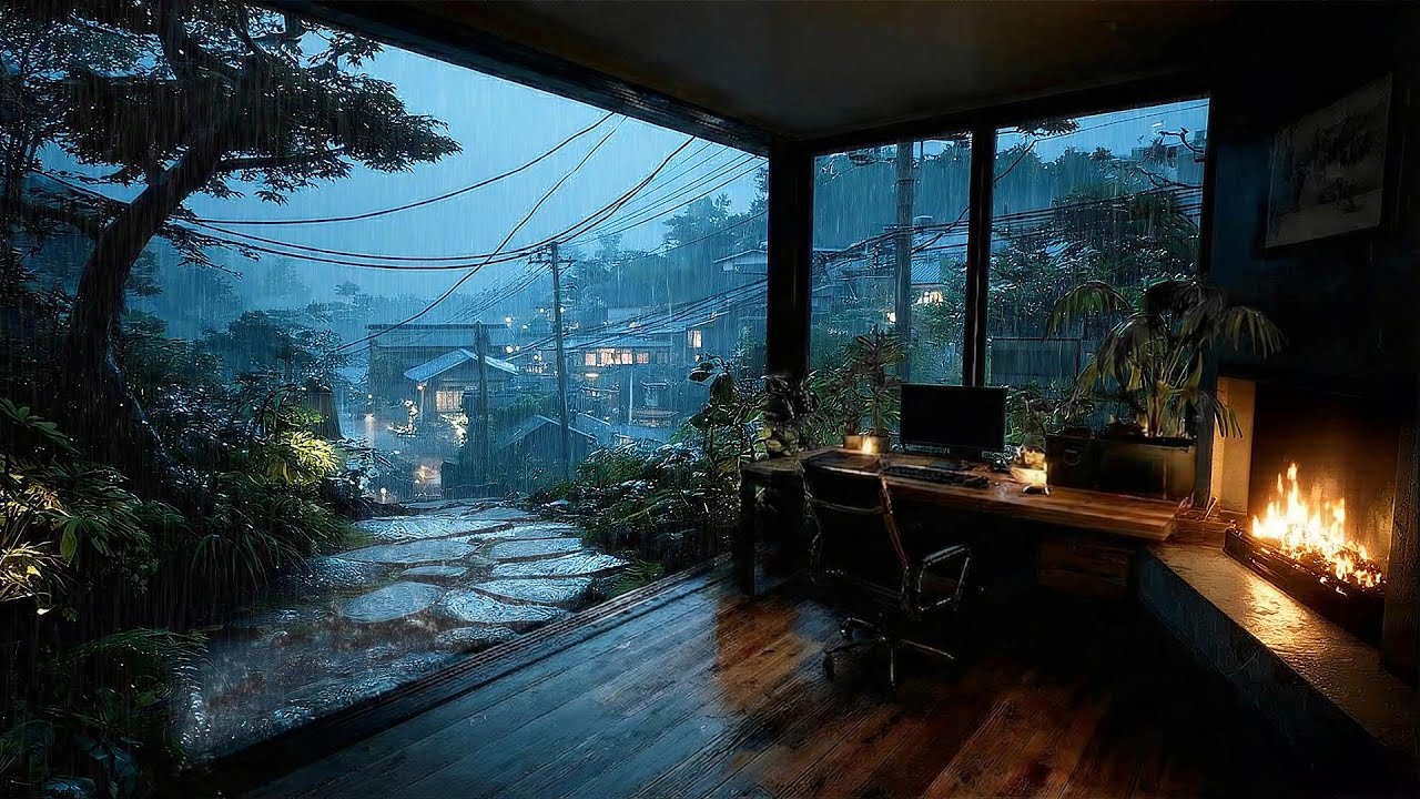 Rainfall Sounds with Warm Fireplace Glow 🔥🌧️❄️ | Peaceful Calm Ambience for Focus