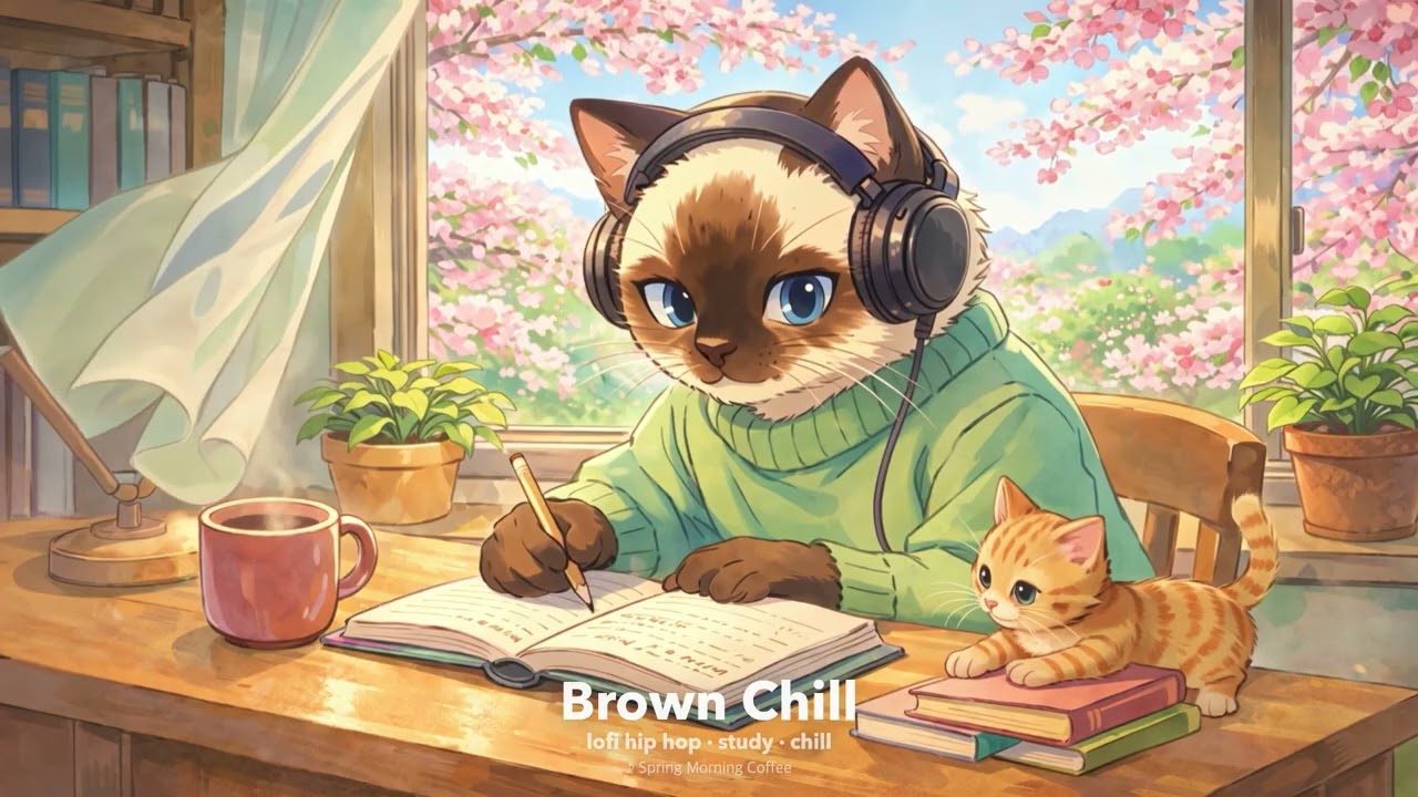 𝐏𝐥𝐚𝐲𝐥𝐢𝐬𝐭 Сиамский кот учится у окна, где летают цветы вишни ☕🌸 | лофи-хип-хоп для учебы/...