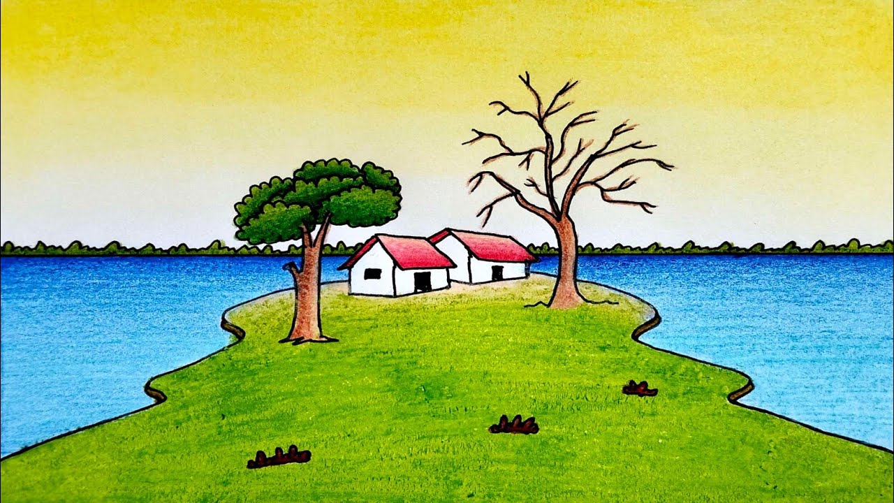 Beautiful Village Scenery Drawing on Riverside | Prakritik Drishya Scenery Drawing 