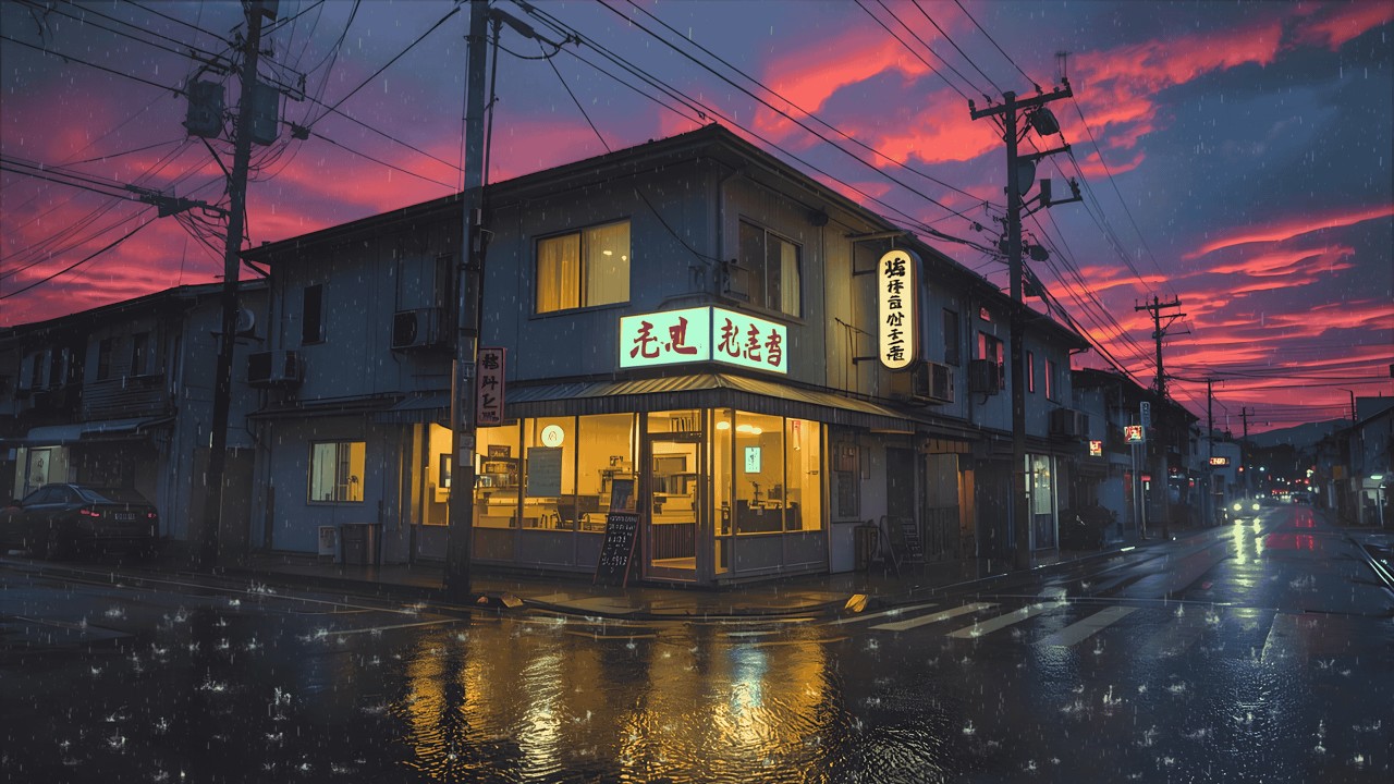 Tokyo Lofi Rain 🌧️ Reflection of Rain Under a Red Sky