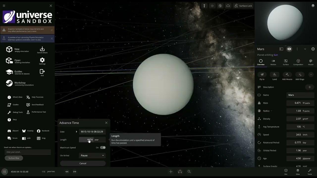 colidindo 4 mercúrios e ganimedes em marte, ideia de inscrito (universe sandbox)