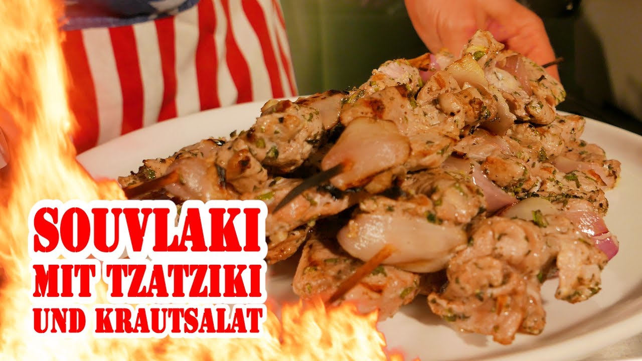 Souvlaki mit Tzatziki und Krautsalat - BBQ Grill Rezept Video - Die Grillshow 244