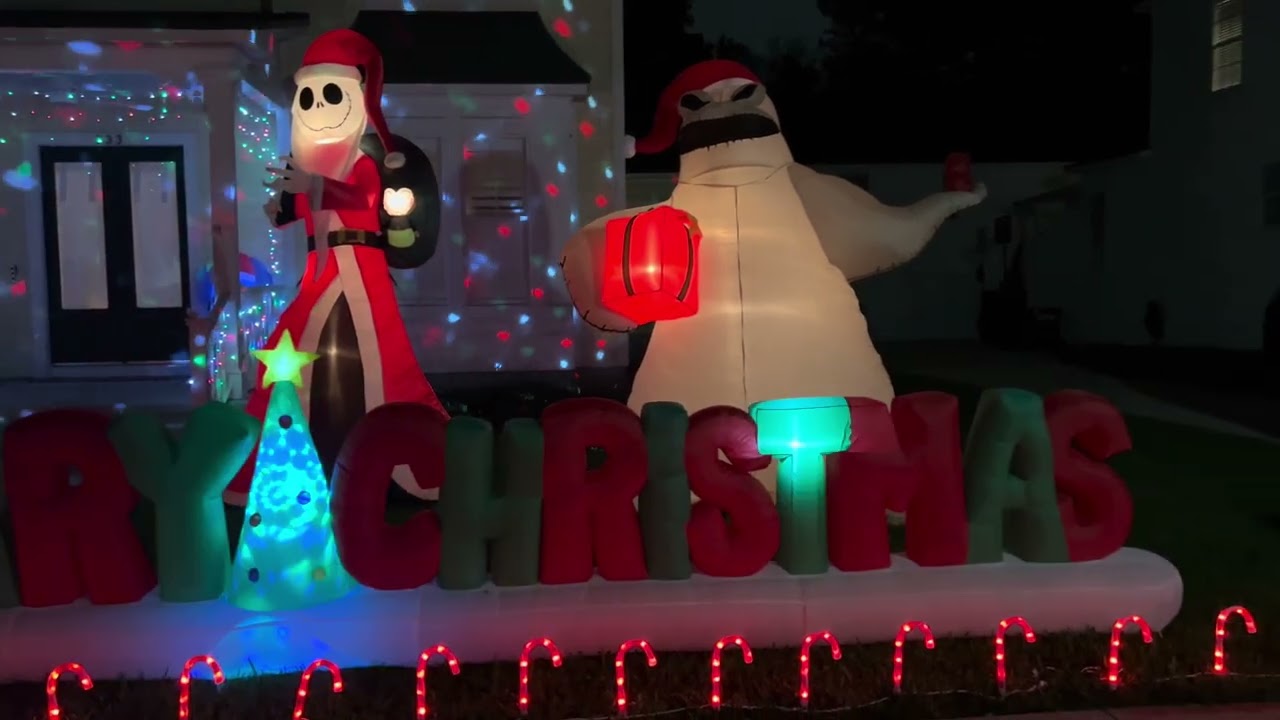 Nightmare Before Christmas holiday inflatable lawn display with Jack Skellington and Oogie Boogie 4K