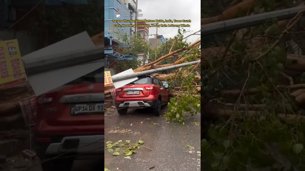 Severe Thunderstorm Batters Noida, India 🇮🇳 | Trees Crush Cars, Hoarding Collapses, Heavy Rain