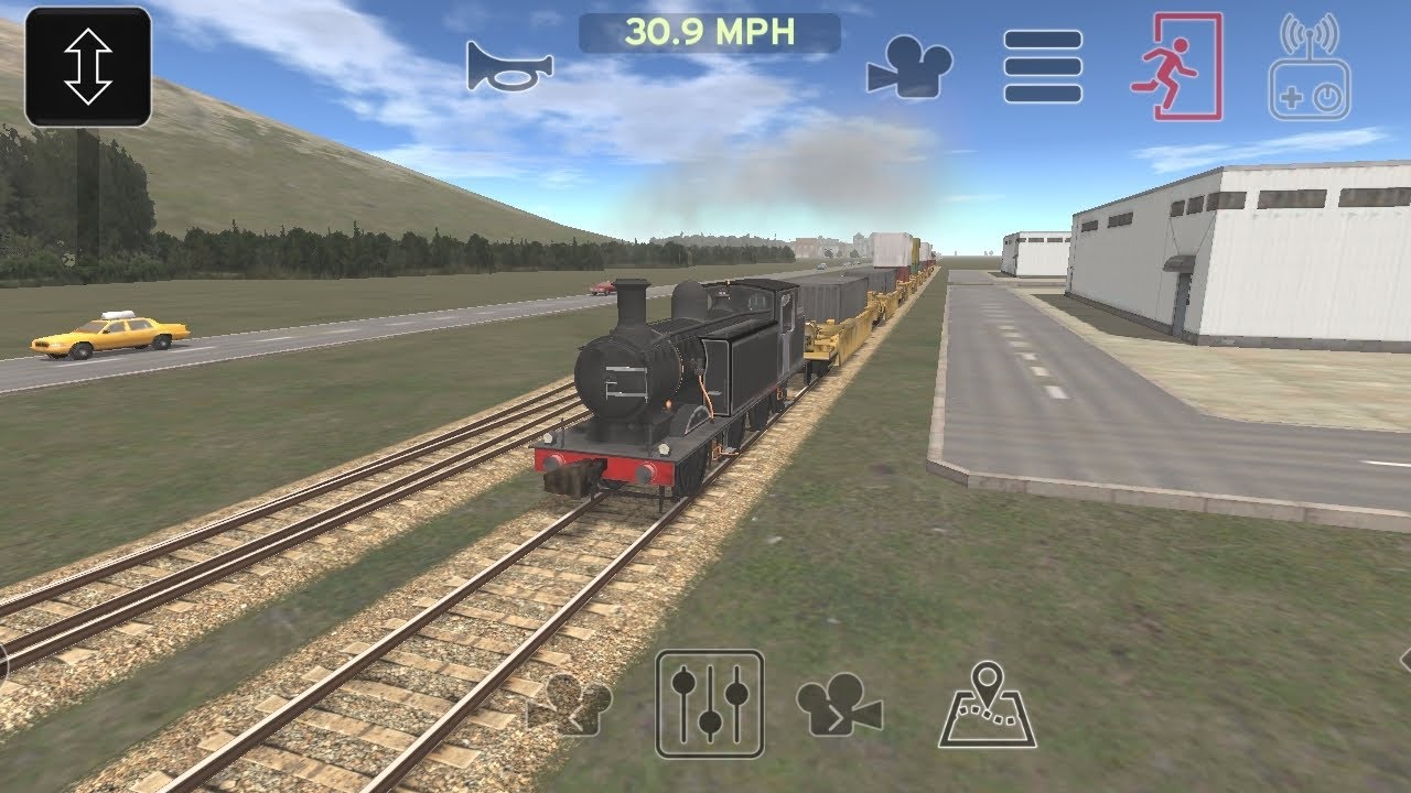 Small Steam Locomotive pulling Long Container Train in Train and Rail yard simulator Game 