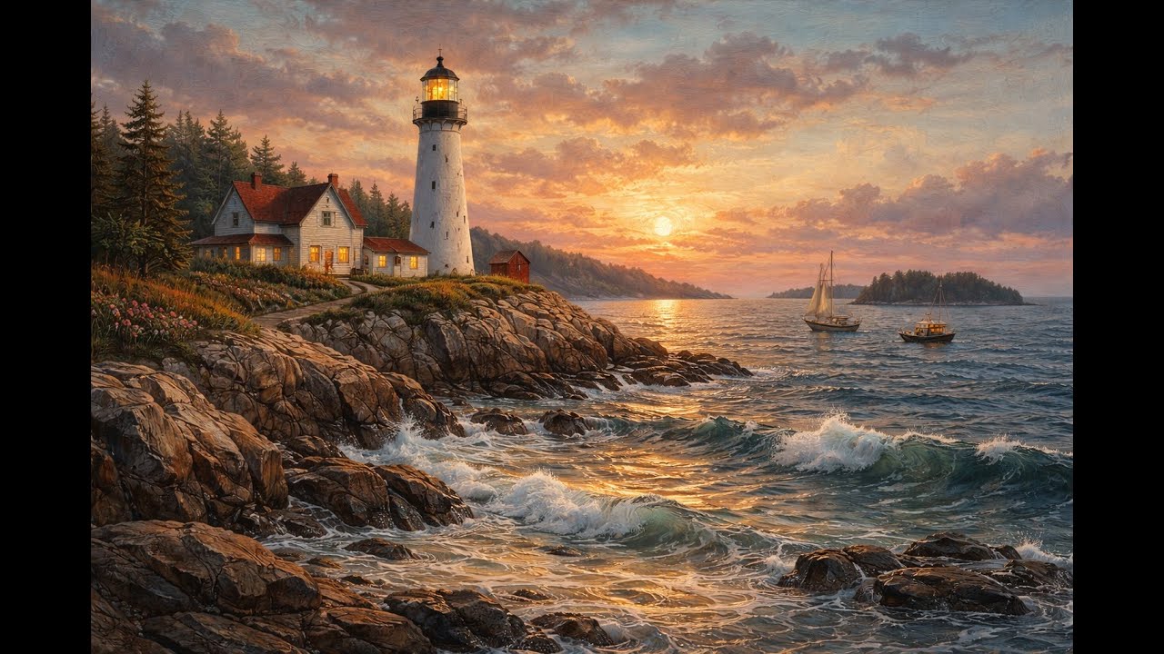 Beacon at Day’s End | Maine Lighthouse at Dusk | Fine Art Oil Painting | 4K Coastal Ambience