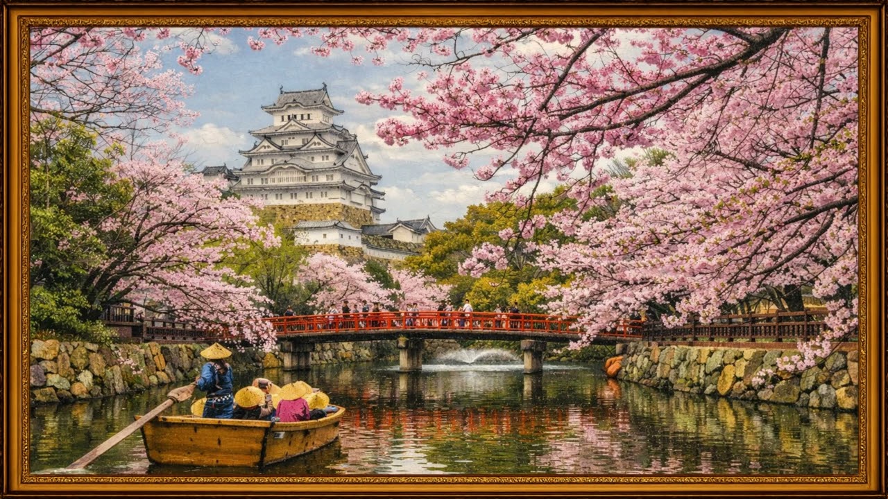 Spring in Japan 🌸 Himeji Castle Surrounded by Cherry Blossoms | Peaceful Sakura Boat Scene