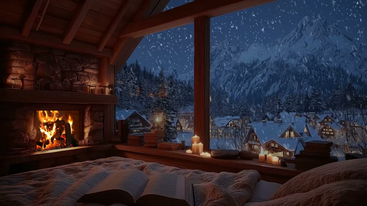 Snowfall & Fireplace Sounds | Cozy Winter Night for Deep Relaxation