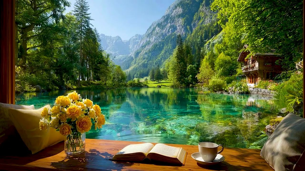 Mountain Lake Window Ambience in Spring 🌿☕ Birdsong, Lakeside, Nature Sounds,.. for Unwind & Ease