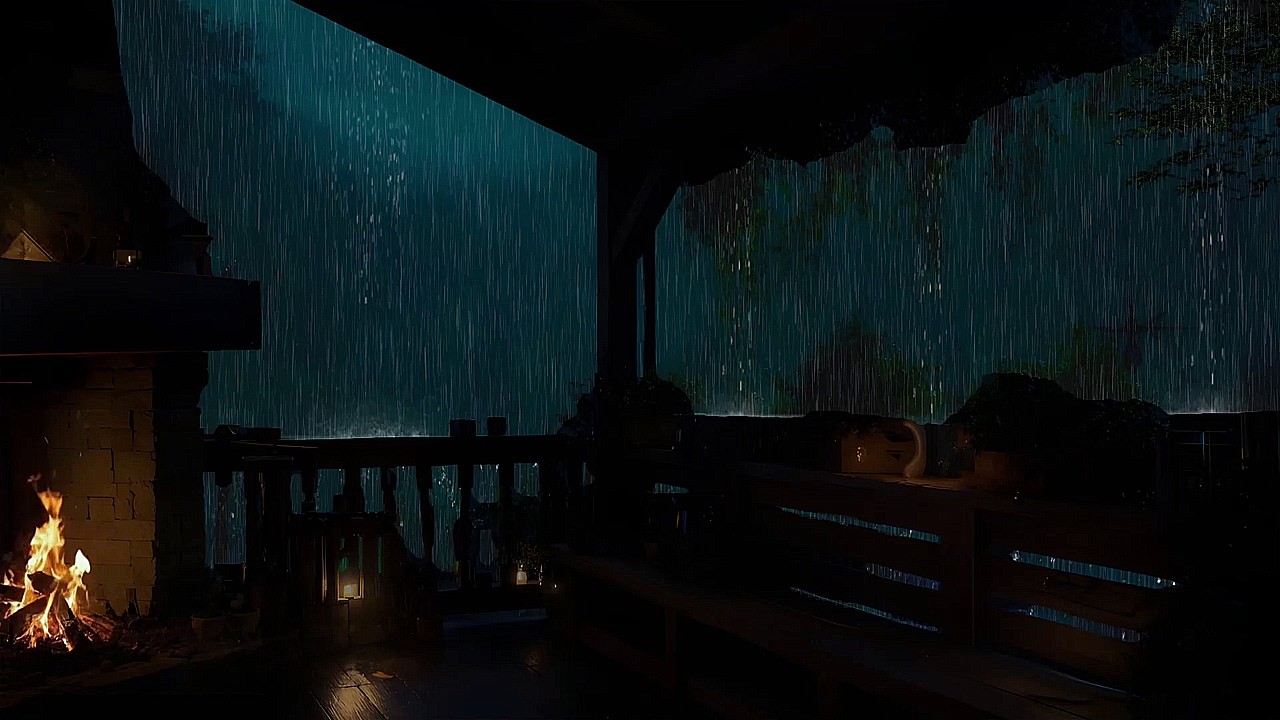 Gentle Rainfall in a Dark Woodland Cabin with Soft Fireplace Sounds for Sleep