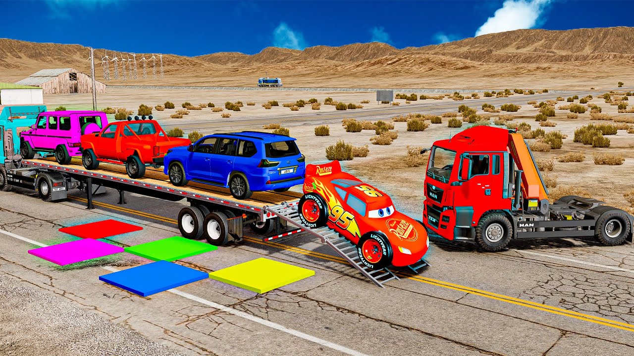 Flatbed Trailer Truck Transporting McQueen with Truck & Cars Over Pothole in BeamNG.Drive