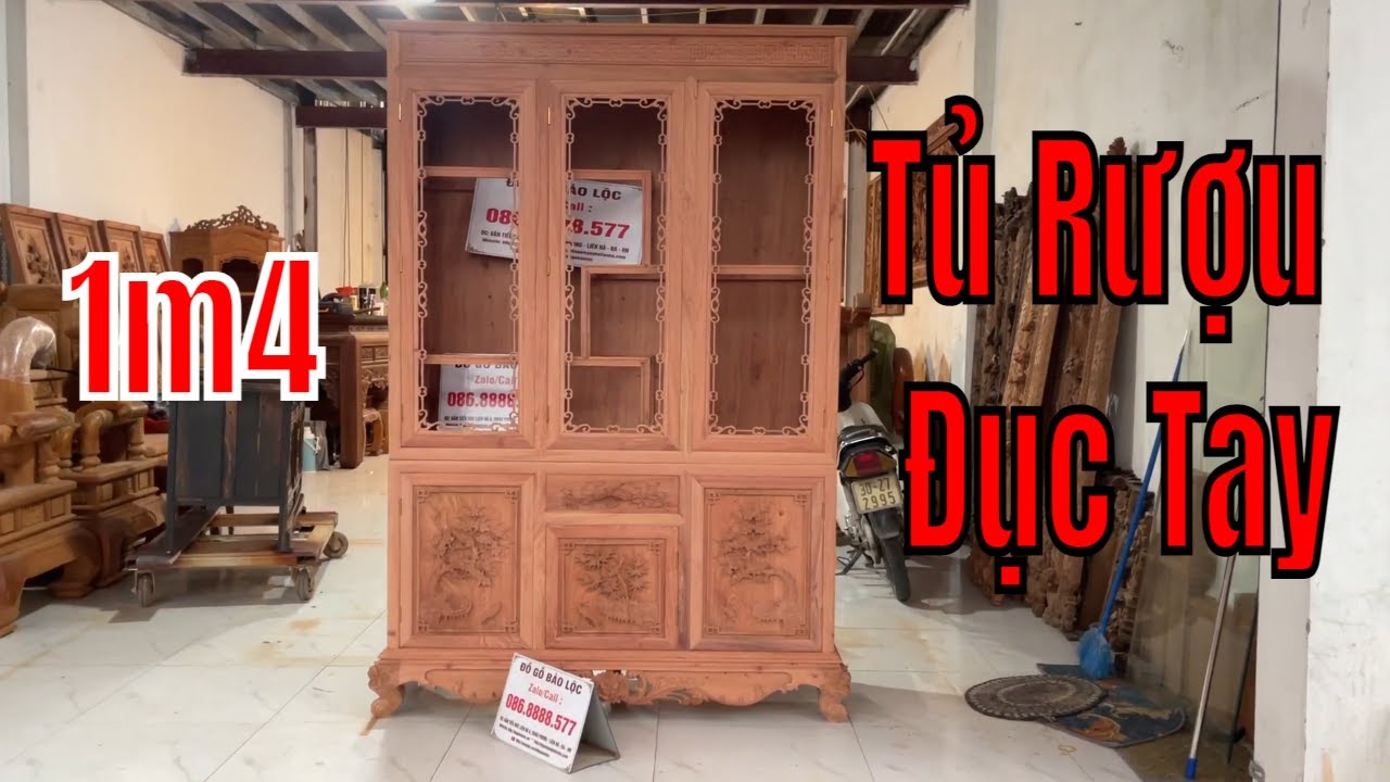 BÁO GIÁ TỦ RƯỢU ĐẸP 1m4x45x2m15 GỖ HƯƠNG ĐÁ ĐỤC TAY | Đồ Gỗ Bảo Lộc