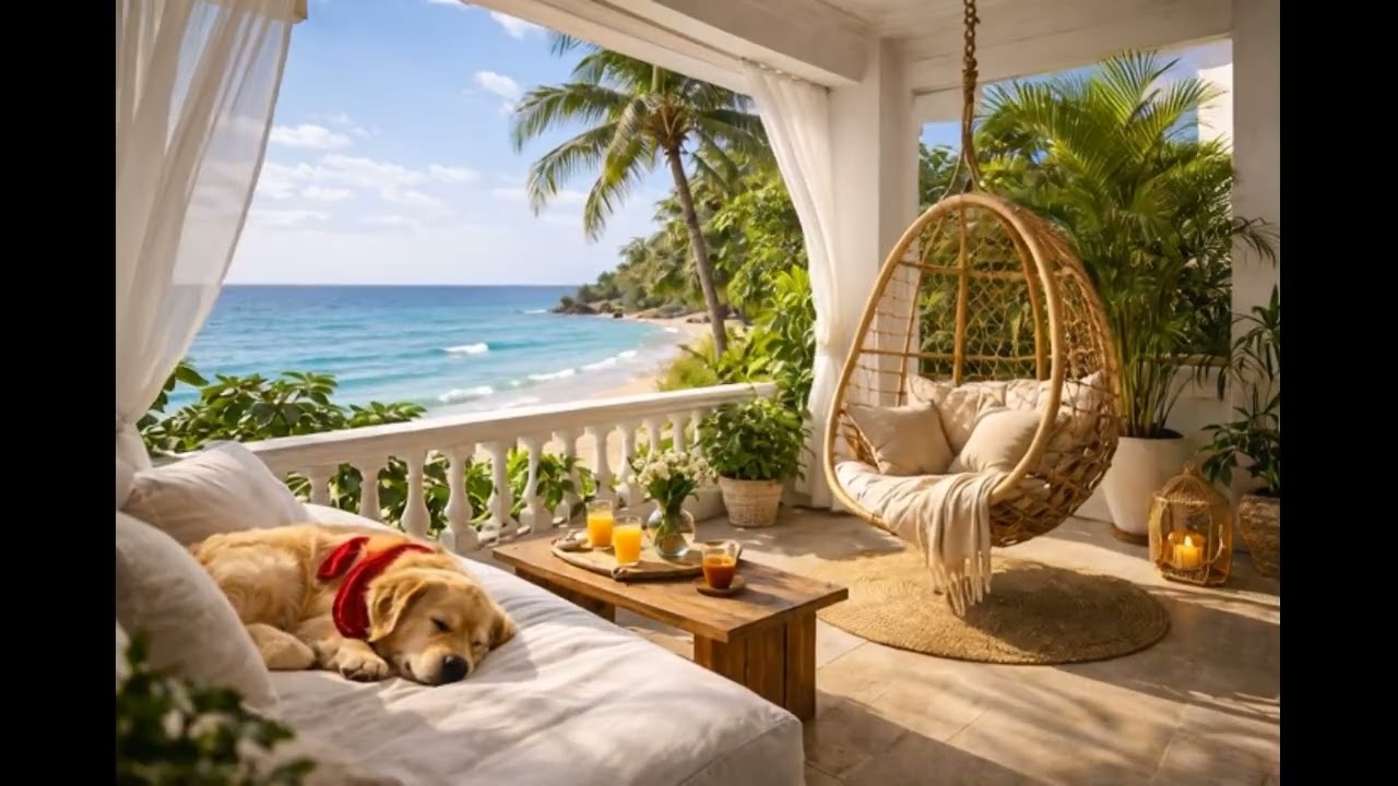 Gentle Ocean Waves & Crystal Healing Music 🌊🐶Peaceful Beach Cabin | Relaxing & Companion Healing