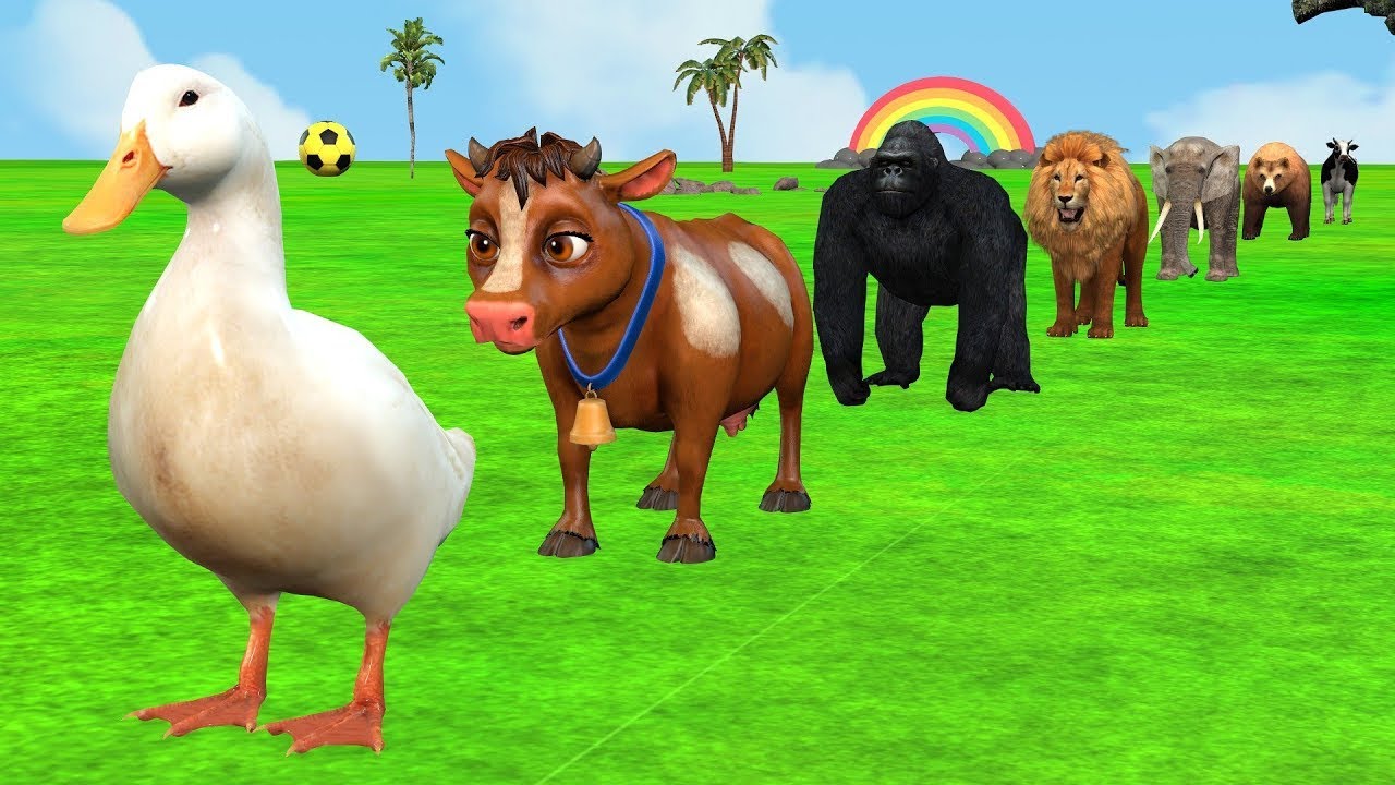 Long Slide Game With Duck Hippo Tiger Cow | Paint Animals Fountain Crossing ss | Funny 3d Animation