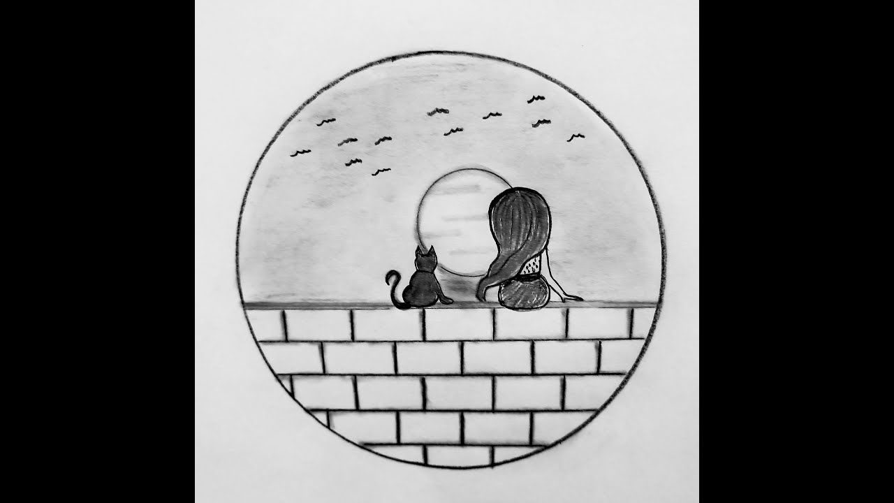 Drawing of a girl and her cat sitting on the wall at sunset   /   Charcoal drawing