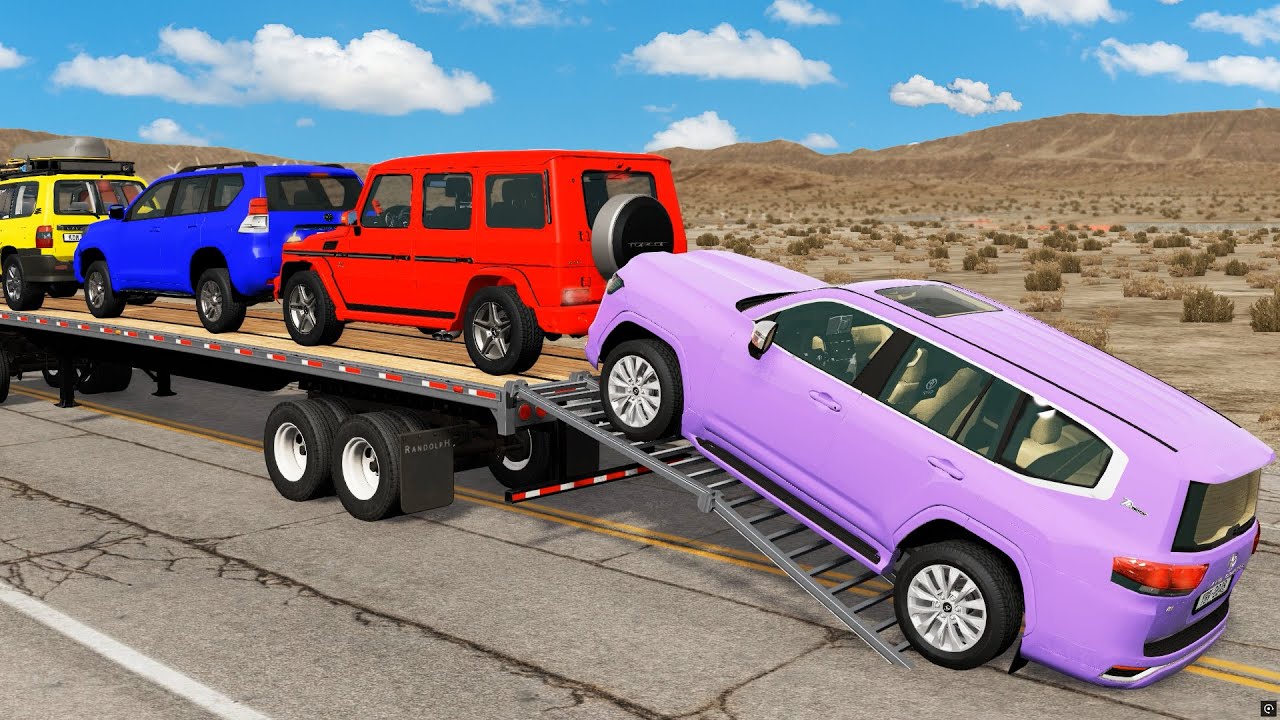 Triple Flatbed Trailer McQueen Transportation with Truck - Speedbumps vs Cars vs Train - BeamNG #02
