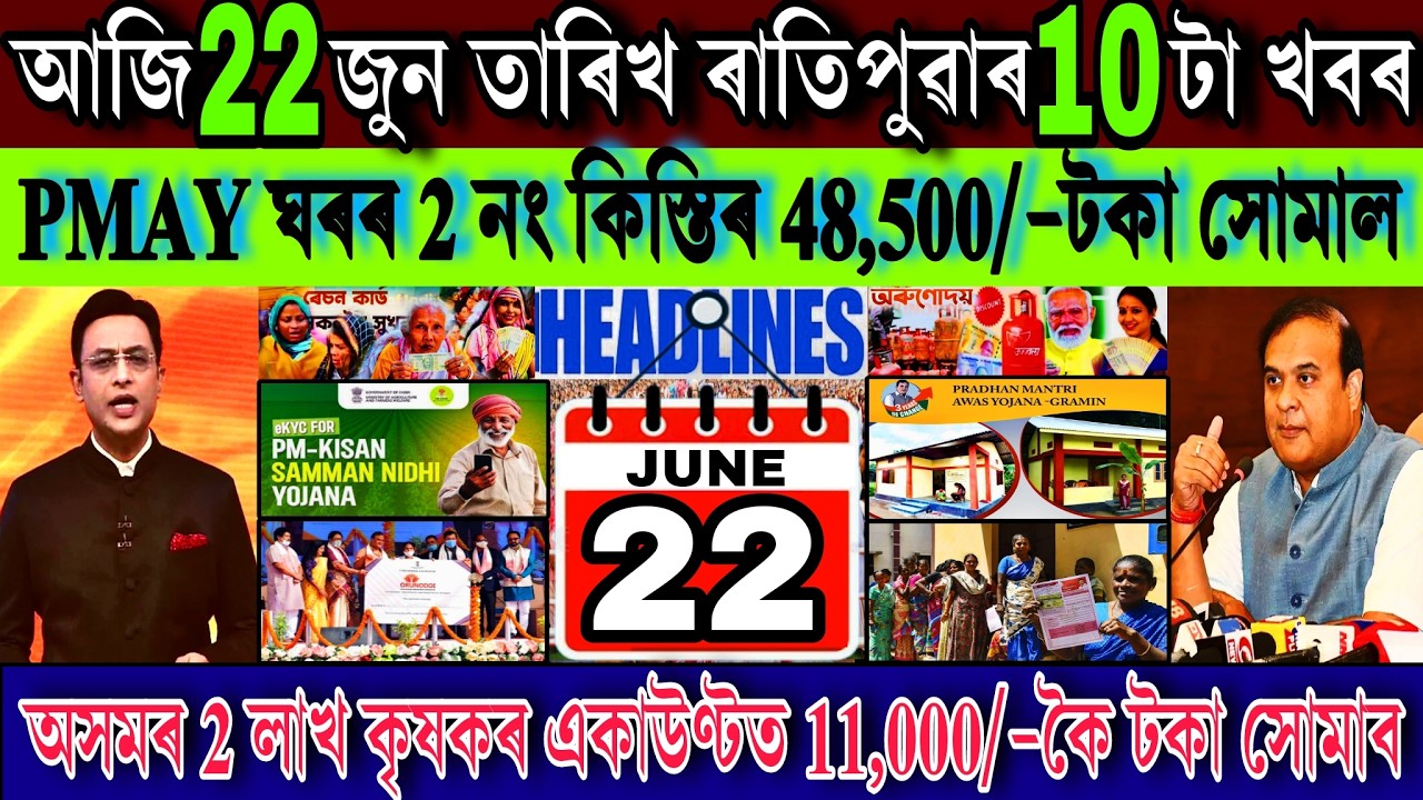 Assamese News Today 22 June 2026 || PMAY ₹-48500 Payment, Farmer New Scheme, UPI, Shopping