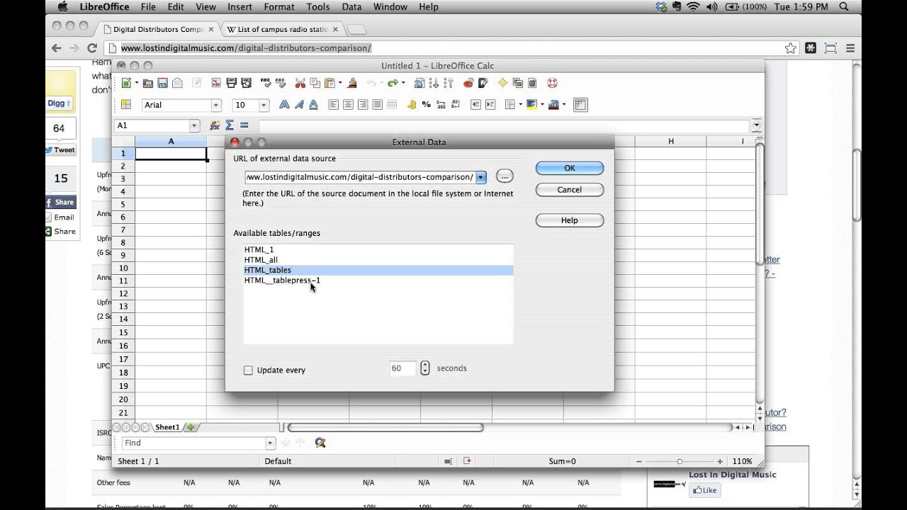 How to extract tabular data from a web page into LibreOffice using 