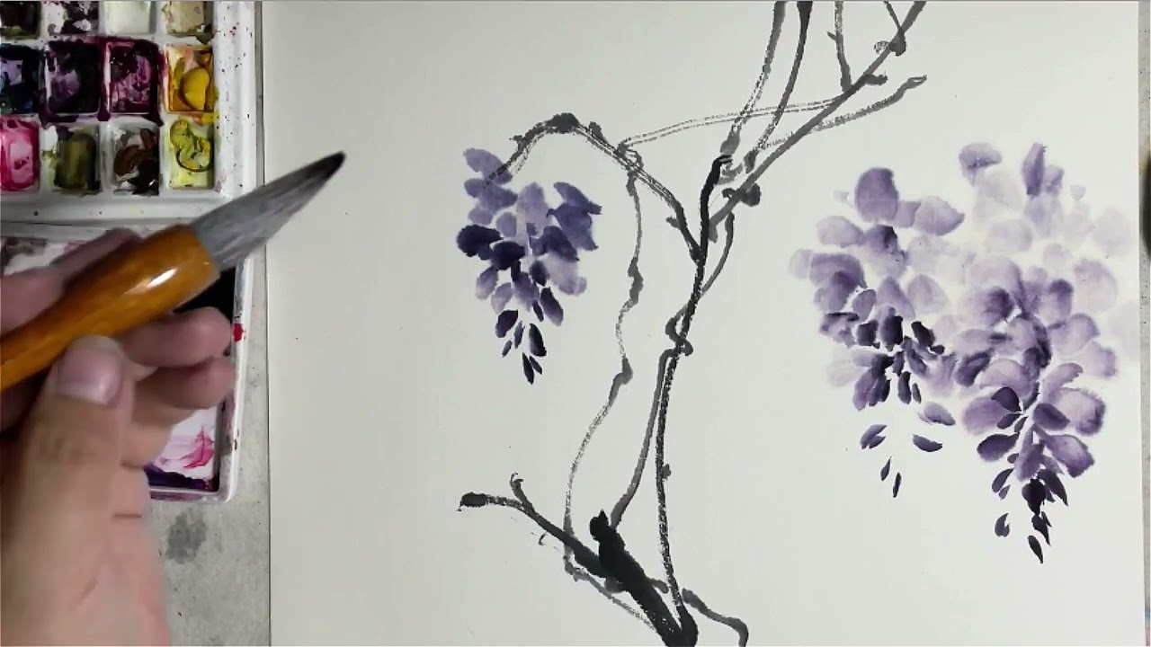 How to paint Wisteria flowers - Ink Wash Painting